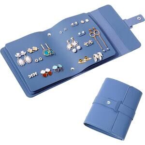 Earring Organizer Book Travel PU Leather 42 Pairs Stud Earrings Case Blue